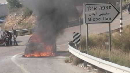اندلاع حريق بسيارة على مدخل مستوطنة متسبي ايلان القريبة من برطعة